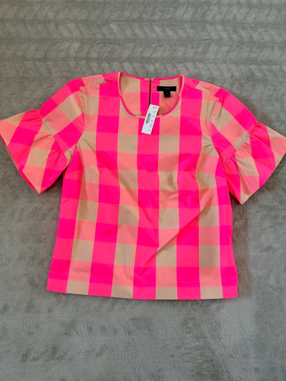 NWT J.Crew Pink Beige Gingham Check Ruffle Sleeve Blouse Top Sz S